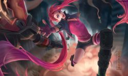 Rule 34 | 1girl, alternate costume, alternate hair color, alternate hairstyle, boots, breasts, choker, cleavage, cropped jacket, fingerless gloves, gloves, green eyes, hair ornament, highres, jinx (league of legends), league of legends, lipstick, makeup, pink hair, scissors, short shorts, shorts, zombie slayer jinx, sleeves rolled up, thighhighs, x hair ornament