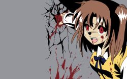 Rule 34 | 00s, 1girl, blood, brown hair, fangs, flat color, punching, red eyes, shatter, solo, sweater vest, tears, tsukihime, twintails, two side up, vampire, wall, wallpaper, yumizuka satsuki