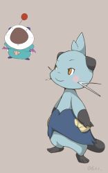 Rule 34 | 1other, animal ears, animal feet, arms at sides, artist name, black fur, blue fur, blush, blush stickers, body fur, boke-chan, brown background, closed eyes, closed mouth, creatures (company), dewott, final fantasy, freckles, full body, furry, fusion, game freak, gen 5 pokemon, happy, highres, moogle, multicolored fur, nintendo, orange eyes, oshawott, other focus, pokemon, pokemon (creature), seashell, shell, signature, simple background, smile, standing, tail, twitter username, whiskers