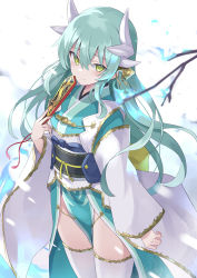 Rule 34 | 100, 100percent park, 1girl, absurdres, aqua hair, aqua kimono, blush, breasts, dragon horns, fate/grand order, fate (series), folding fan, hand fan, highres, horns, japanese clothes, kimono, kiyohime (fate), long hair, long sleeves, looking at viewer, multiple horns, smile, solo, thighhighs, thighs, white thighhighs, wide sleeves, yellow eyes