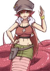 Rule 34 | 1girl, artist name, breasts, cabbie hat, cleavage, commentary, cosplay, crop top, english commentary, fang, fanny pack, finalcake, hair between eyes, hand on own hip, hat, hood, hoodie, jewelry, lamia, long hair, midriff, miia (monster musume), miniskirt, misaki shiki, misaki shiki (cosplay), monster girl, monster musume no iru nichijou, navel, necklace, open mouth, pointy ears, red hair, salute, scales, simple background, sketch, skirt, sleeveless, sleeveless hoodie, slit pupils, solo, subarashiki kono sekai, tail, very long hair, white background, yellow eyes