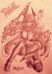 Rule 34 | 2girls, 85cm85cm, blush, breasts, chaps, cleavage, crop top, cropped jacket, dated, drill, fingerless gloves, gloves, goddess of victory: nikke, grin, hair between eyes, headgear, horns, jacket, large breasts, leather, leather jacket, long hair, mechanical horns, monochrome, multiple girls, navel, on one knee, orange theme, red hood (nikke), scarf, signature, smile, snow white (innocent days) (nikke), snow white (nikke), traditional media, unzipped, very long hair, visor (armor), zipper