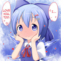 Rule 34 | 1girl, blue dress, blue eyes, blue hair, blush, bow, cirno, confession, dress, hair bow, hair ornament, hairclip, hands on own cheeks, hands on own face, hard-translated, heart, heart-shaped pupils, highres, ice, ice wings, looking at viewer, makuran, matching hair/eyes, puffy sleeves, shirt, short sleeves, smile, solo, symbol-shaped pupils, third-party edit, touhou, translated, upper body, wings