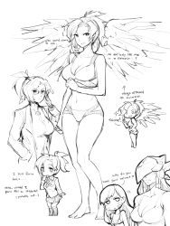 Rule 34 | 3girls, adjusting eyewear, alternate costume, arm up, arrow (symbol), bare arms, bare legs, barefoot, bespectacled, bikini, blush, bra, breasts, cleavage, closed mouth, coat, collarbone, collared shirt, cross, d.va (overwatch), english text, eyebrows, facial mark, female focus, full body, ge-b, glasses, greyscale, hand in pocket, hand on own hip, hand to own mouth, hand up, helmet, highres, kneehighs, long hair, long sleeves, looking at viewer, mechanical wings, medium breasts, mercy (overwatch), midriff, monochrome, motion lines, multiple girls, multiple views, navel, necktie, o o, open mouth, overwatch, overwatch 1, pharah (overwatch), pocket, ponytail, school uniform, shirt, simple background, skirt, small breasts, smile, socks, sparkle, standing, stomach, sweat, sweatdrop, swimsuit, triangle mouth, underwear, v, whisker markings, white background, white coat, wings, yuri