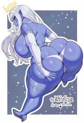 Rule 34 | 1girl, absurdres, ass, black sclera, blue eyes, blue skin, borrowed character, breasts, butt crack, colored sclera, colored skin, commission, curvy, elbow gloves, eyebrows, full body, gloves, halo, highres, hoshiko (white nova), huge ass, huge breasts, jewelry, lips, original, panties, pointy ears, signature, skeb commission, solo, sparkle, synecdoche, thick thighs, thighs, underwear, white gloves, white hair, white panties