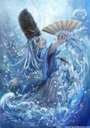 Rule 34 | blue eyes, blue hair, folding fan, hand fan, komai haruki, original, paper fan, solo, water, waves, waving