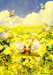 Rule 34 | :o, artist name, blush, brown eyes, cloud, commentary request, creatures (company), cutiefly, day, ekm, field, flower, flower field, game freak, gen 7 pokemon, holding, holding flower, looking at viewer, nintendo, outdoors, pokemon, ribombee, sky, watermark, yellow flower