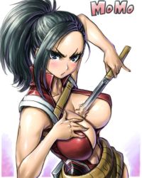 Rule 34 | 10s, 1girl, amania orz, belt, belt skirt, black hair, blue eyes, blush, boku no hero academia, breasts, center opening, character name, cleavage, cowboy shot, drawing sword, from side, gradient background, halterneck, holding, holding sword, holding weapon, human scabbard, large breasts, leotard, long hair, looking at viewer, navel, parted lips, pinky out, ponytail, simple background, skirt, solo, standing, sword, triangle mouth, v-shaped eyebrows, weapon, white background, yaoyorozu momo