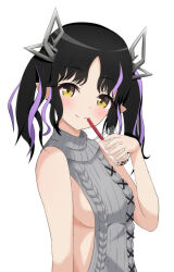 Rule 34 | 1girl, aran sweater, black hair, blush, breasts, bubble tea, cable knit, closed mouth, commentary request, cup, demon girl, demon horns, disposable cup, drinking straw, grey sweater, highres, holding, holding cup, horns, kojo anna, kojo anna (3rd costume), looking at viewer, medium bangs, medium breasts, medium hair, meme attire, multicolored hair, nanashi inc., official alternate costume, pointy ears, purple hair, ribbed sweater, sideboob, simple background, sleeveless, sleeveless sweater, smile, solo, split mouth, sweater, turtleneck, turtleneck sweater, twintails, two-tone hair, upper body, virgin killer sweater, virtual youtuber, white background, yamapiyo, yellow eyes