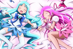 Rule 34 | 10s, 2girls, :o, absurdres, alternate hairstyle, barefoot, blue hair, bow, brooch, choker, cure blossom, cure marine, earrings, closed eyes, hanasaki tsubomi, heart, heart brooch, heartcatch precure!, highres, jewelry, kiyu (doremi&#039;s party), kurumi erika, long hair, lying, magical girl, multiple girls, on side, open mouth, outstretched arms, pink hair, precure, ribbon, skirt, sleeping, spread arms, thighhighs, white legwear, wrist cuffs