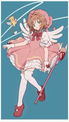 Rule 34 | 1girl, absurdres, angel wings, antenna hair, bear, blue background, bow, brown hair, cardcaptor sakura, dress, full body, gloves, green eyes, hat, highres, kero (cardcaptor sakura), kinomoto sakura, looking to the side, magical girl, pale skin, pink hat, ribbon, thighhighs, toukashi (2tou9), wings