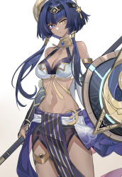 Rule 34 | 1girl, absurdres, bare shoulders, black hairband, blue eyes, blue hair, blunt bangs, breasts, candace (genshin impact), cleavage, commentary, cowboy shot, crop top, dark-skinned female, dark skin, detached sleeves, echj, genshin impact, gradient background, grey background, hairband, heterochromia, highres, jewelry, large breasts, loincloth, long hair, midriff, navel, neck ring, shield, sidelocks, solo, standing, stomach, thighlet, thighs, white background, yellow eyes