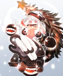 Rule 34 | 10s, 1girl, abyssal ship, anklet, barefoot, cannon, christmas tree, colored skin, dress, enemy aircraft (kancolle), fujisaki yuu, fujisaki yuu (faint wistaria), gift, hat, jewelry, kantai collection, long hair, mittens, northern ocean princess, red eyes, santa hat, solo, star (symbol), tongue, white dress, white hair, white mittens, white skin