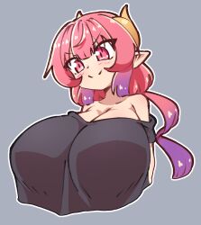 Rule 34 | 1girl, bare shoulders, black shirt, blush, breasts, cleavage, closed mouth, collarbone, curled horns, gradient hair, grey background, horns, huge breasts, ilulu (maidragon), kobayashi-san chi no maidragon, long hair, looking down, masked agent, monster girl, multicolored hair, off shoulder, outline, pink hair, pointy ears, purple hair, red eyes, shirt, simple background, smile, solo, two-tone hair, upper body, white outline