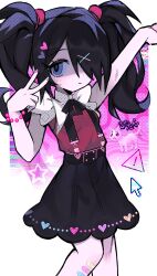 Rule 34 | 1girl, absurdres, ame-chan (needy girl overdose), bandaid, bandaid on knee, bandaid on leg, bead bracelet, beads, black hair, black skirt, bracelet, cat, cursor, grey eyes, grizzace, hair over one eye, hands up, highres, jewelry, long hair, looking at viewer, needy girl overdose, outstretched arm, red shirt, shirt, skirt, solo, suspender skirt, suspenders, twintails, v