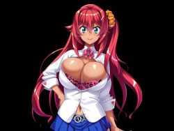 Rule 34 | 1girl, aqua eyes, artist request, blush, breasts, bursting breasts, cleavage, hair ornament, huge breasts, large breasts, long hair, looking at viewer, navel, open clothes, red hair, skirt, smile, solo, source request, white shirt