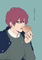 Rule 34 | 1boy, absurdres, aqua background, bright pupils, buttons, collared shirt, commentary request, cool doji danshi, earrings, fingernails, flat color, food, highres, holding, holding food, jacket, jacket on shoulders, jewelry, long sleeves, male focus, nata kokone, open mouth, red eyes, red hair, ring, shiki souma, shirt, short hair, simple background, solo, translation request, upper body, white pupils