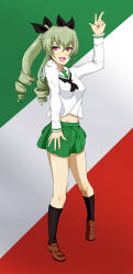 Rule 34 | 1girl, absurdres, ada badguy, anchovy (girls und panzer), blush, breasts, drill hair, full body, girls und panzer, green hair, hair ribbon, highres, italian flag, long hair, medium breasts, midriff, miniskirt, navel, ooarai school uniform, open mouth, pleated skirt, red eyes, ribbon, school uniform, simple background, skirt, smile, solo, standing, twin drills, twintails, w