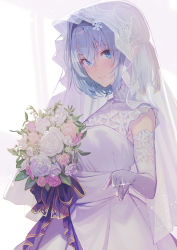 Rule 34 | 1girl, black hairband, blue eyes, blush, bouquet, breasts, bridal veil, bride, closed mouth, dress, elbow gloves, flower, gloves, hair between eyes, hair ornament, hairband, highres, holding, holding bouquet, jewelry, looking at viewer, medium breasts, official art, ornate ring, ring, ryuuou no oshigoto!, shirabi, short hair, silver hair, smile, snowflake hair ornament, solo, sora ginko, veil, wedding dress, wedding ring, white dress