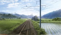 Rule 34 | building, bush, cloud, commentary request, dated, day, field, grass, highres, house, landscape, mountain, mountainous horizon, no humans, nzwt, original, outdoors, overhead line, power lines, radio tower, railroad tracks, rice paddy, rural, scenery, signature, sky, tree, vanishing point, water