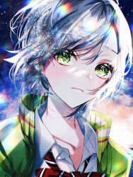 Rule 34 | 1girl, absurdres, banbiiiino0303, blue background, bow, closed mouth, collarbone, collared shirt, commentary request, green eyes, green jacket, grey hair, high collar, highres, hinomori shiho, jacket, looking at viewer, open clothes, open jacket, project sekai, red bow, shirt, short hair, solo, space, striped, striped bow, upper body, white shirt