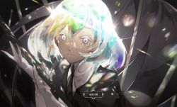 Rule 34 | androgynous, black background, black necktie, blue hair, closed mouth, collared shirt, colored eyelashes, copyright name, diamond (houseki no kuni), elbow gloves, eyelashes, gender request, gloves, hair between eyes, holding, holding weapon, houseki no kuni, light, light particles, looking at viewer, multicolored hair, necktie, no-kan, raised hands, sanpaku, shirt, short hair, short sleeves, smile, solo, sword, upper body, weapon, white eyes, white gloves