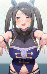 Rule 34 | 1girl, animal ears, black bodysuit, black eyes, black hair, blurry, blurry background, blush, bodysuit, breasts, cleavage, commentary request, hands up, highres, horse ears, horse girl, large breasts, looking at viewer, maritime shipper (umamusume), navel, nekoshoko, open mouth, outstretched arms, purple tube top, see-through, see-through cleavage, solo, starting future (umamusume), strapless, sweat, swept bangs, tube top, twintails, umamusume, upper body