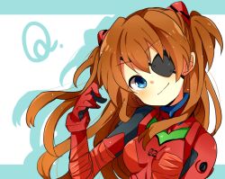 Rule 34 | 10s, 1girl, adjusting hair, bandages, blue eyes, blush, bodysuit, bracer, breasts, brown hair, closed mouth, copyright name, duct tape, ebo, evangelion: 3.0 you can (not) redo, eyepatch, floating hair, from side, gloves, hair ornament, hairclip, hand up, head tilt, headgear, letterboxed, light smile, long hair, looking at viewer, neon genesis evangelion, parted bangs, pilot suit, plugsuit, rebuild of evangelion, shadow, simple background, small breasts, smile, solo, souryuu asuka langley, tape, turtleneck, two side up, upper body, white background