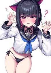 Rule 34 | 1girl, ?, absurdres, alternate costume, animal ears, black hair, black panties, black sailor collar, blue archive, blue neckerchief, blush, cat ears, claw pose, colored inner animal ears, colored inner hair, commentary request, cowboy shot, cropped shirt, embarrassed, halo, hands up, highres, kazusa (blue archive), looking at viewer, metaljelly, multicolored hair, neckerchief, no pants, open mouth, panties, pink eyes, pink hair, pink halo, sailor collar, shirt, side-tie panties, simple background, solo, sweat, underwear, white background, white shirt