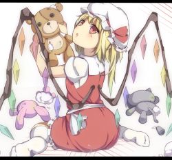 Rule 34 | 1girl, :o, baron (x5qgeh), blonde hair, feet, flandre scarlet, hat, letterboxed, looking back, no shoes, red eyes, short hair, side ponytail, sitting, skirt, skirt set, solo, stuffed animal, stuffed rabbit, stuffed cat, stuffed toy, stuffing, teddy bear, thighhighs, touhou, wariza, white thighhighs, wings