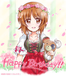 Rule 34 | 1girl, apron, artist name, bandages, bandaid, black dress, boko (girls und panzer), breasts, brown eyes, brown hair, cleavage, commentary, dated, dirndl, dress, english text, frilled sleeves, frills, german clothes, girls und panzer, happy birthday, head wreath, holding, holding stuffed toy, kuromori yako, looking at viewer, medium breasts, nishizumi miho, open mouth, petals, red apron, short hair, short sleeves, smile, solo, standing, stuffed animal, stuffed toy, teddy bear, waist apron