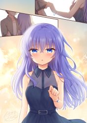 Rule 34 | 1boy, 1girl, bare shoulders, black dress, blue eyes, blush, breasts, brown shirt, collared dress, collared shirt, commentary request, covered collarbone, dress, hair between eyes, highres, long hair, looking at viewer, nakamura hinato, open clothes, open shirt, parted lips, purple hair, shirt, sleeveless, sleeveless dress, small breasts, sorakado ai, summer pockets, takahara hairi, very long hair, white shirt