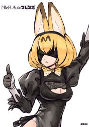 Rule 34 | 10s, 1girl, animal ears, arm up, black dress, blindfold, blonde hair, bow, bowtie, breasts, cat ears, cleavage, cleavage cutout, clothing cutout, cosplay, crossover, dress, gloves, hairband, highleg, highleg leotard, kemono friends, leotard, long sleeves, looking to the side, nier:automata, nier (series), parody, parted lips, puffy sleeves, serval (kemono friends), serval print, short hair, simple background, solo, thumbs up, title parody, vambraces, white background, 2b (nier:automata)