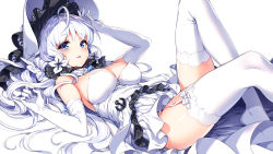 Rule 34 | 1girl, anchor, azur lane, bad id, bad pixiv id, bare shoulders, blue eyes, blush, breasts, bubble, cleavage, commentary request, detached collar, dress, elbow gloves, flower, garter straps, gloves, hat, illustrious (azur lane), large breasts, long hair, looking at viewer, lying, mole, mole under eye, nardack, on back, parted lips, short dress, simple background, solo, strapless, strapless dress, thighhighs, very long hair, white background, white dress, white gloves, white hair, white thighhighs