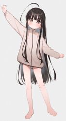 Rule 34 | &gt;:(, 1girl, absurdres, ahoge, arm up, bare legs, barefoot, black hair, blush, borrowed character, brown eyes, brown jacket, closed mouth, full body, gluteal fold, grey background, highres, jacket, light frown, long hair, long sleeves, looking at viewer, meito (maze), original, outstretched arms, puffy long sleeves, puffy sleeves, simple background, solo, standing, ts loli oji-san (ronna), v-shaped eyebrows, very long hair
