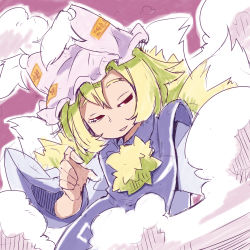 Rule 34 | 1girl, animal hat, blonde eyebrows, blonde hair, clothing request, colored eyelashes, d@i, fox tail, half-closed eyes, hat, mob cap, multiple tails, smoke, tabard, tail, touhou, yakumo ran