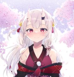 Rule 34 | 1girl, bell, blush, breasts, cherry blossoms, collarbone, double bun, hair bun, hair ornament, highres, hololive, horn ornament, horns, japanese clothes, jingle bell, kimono, kouhaku nawa, long hair, looking at viewer, nakami (lhyqc), nakiri ayame, nakiri ayame (1st costume), off shoulder, oni, outdoors, pom pom (clothes), red eyes, rope, shimenawa, silver hair, skin-covered horns, smile, solo, virtual youtuber