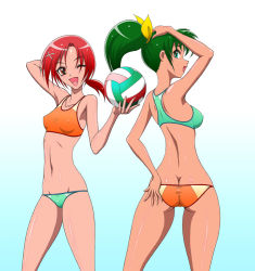 Rule 34 | 10s, 2girls, arm behind head, arm up, ass, ball, bikini, blush, bow, breasts, butt crack, collarbone, cosplay, costume switch, covered erect nipples, green eyes, green hair, hair bow, hino akane (smile precure!), holding, holding ball, looking back, midorikawa nao, multiple girls, one eye closed, ponytail, precure, red eyes, red hair, short hair, small breasts, smile precure!, sports bikini, swimsuit, volleyball (object), vyz03110, wink