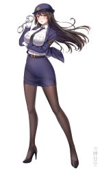 Rule 34 | absurdres, belt, between breasts, black footwear, black hair, black necktie, black pantyhose, blue jacket, blue skirt, blue sleeves, blush, breast hold, breasts, collared shirt, commentary request, cuffs, floating hair, full body, gloves, handcuffs, hat, high heels, highres, holding, jacket, large breasts, legs apart, long hair, long sleeves, looking at viewer, necktie, necktie between breasts, open mouth, original, pantyhose, pencil skirt, pink eyes, pocket, police, police hat, police uniform, policewoman, shenyuekong, shirt, simple background, skirt, standing, tachi-e, taut clothes, taut shirt, uniform, white background, white gloves, white shirt