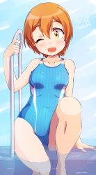 Rule 34 | 1girl, blue one-piece swimsuit, competition swimsuit, highres, hoshizora rin, looking at viewer, love live!, love live! school idol project, one-piece swimsuit, one eye closed, orange hair, partially submerged, pool ladder, sen (sen0910), short hair, sitting, solo, swimsuit, water, yellow eyes