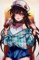 Rule 34 | 1girl, between fingers, bracelet, brown hair, casual, choker, commentary request, contemporary, cup, disposable cup, drinking straw, fate/grand order, fate (series), flat cap, hair between eyes, hat, holding, jewelry, lipstick, long hair, long sleeves, looking at viewer, makeup, march ab, mon, necklace, oda nobunaga (fate), oda nobunaga (koha-ace), oda uri, plaid, plaid shirt, red eyes, shirt, shorts, sidelocks, smile, solo, standing, tank top, upper body