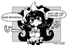 Rule 34 | 1girl, anger vein, ashley (warioware), big hair, border, capelet, chestnut mouth, cowboy shot, crossed arms, english text, greyscale, hairband, inawon, long hair, long sleeves, looking at viewer, messy hair, monochrome, nintendo, skull brooch, solo, speech bubble, twintails, warioware, white border