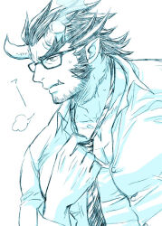 Rule 34 | 1boy, adjusting clothes, adjusting necktie, alternate costume, bara, bespectacled, broken horn, collared shirt, demon boy, demon horns, facial hair, fang, glasses, horns, large pectorals, long sideburns, looking away, loose necktie, male focus, mature male, monochrome, mugi (pixiv 187163), muscular, muscular male, necktie, partially unbuttoned, pectoral cleavage, pectorals, salaryman, scar, scar on neck, shirt, short hair, sideburns, sigh, solo, stubble, sweatdrop, takemaru (housamo), thick eyebrows, tokyo houkago summoners, translation request, upper body