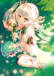 Rule 34 | &gt; &lt;, 2girls, :x, arm support, bare shoulders, bloomers, blurry, blurry background, blush, bow, bow bloomers, bracelet, braid, closed mouth, commentary request, cross-shaped pupils, dot mouth, flower, full body, fungi (genshin impact), genshin impact, gold trim, green background, green bow, green eyes, gu gu da mo wang, hair between eyes, hair flower, hair ornament, highres, jewelry, leaf, leaf hair ornament, long hair, looking at viewer, lumine (genshin impact), multiple girls, nahida (genshin impact), navel, pointy ears, side ponytail, sitting, sleeveless, stirrup footwear, symbol-shaped pupils, toeless footwear, underwear, wariza, white bloomers, white flower, white footwear, white hair