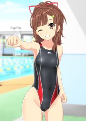 Rule 34 | 1girl, absurdres, bench, black one-piece swimsuit, blue sky, blurry, breasts, brown eyes, brown hair, cloud, competition swimsuit, cowboy shot, day, depth of field, grin, high school fleet, highleg, highleg swimsuit, highres, irizaki mei, long hair, looking at viewer, one-piece swimsuit, outdoors, ponytail, pool, punching, sky, small breasts, smile, solo, swimsuit, takafumi