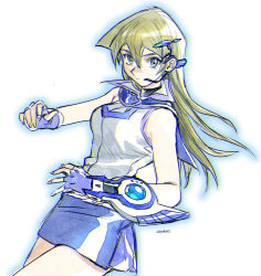 Rule 34 | 1girl, 203wolves, blonde hair, blue gloves, blue skirt, breasts, brown eyes, closed mouth, cowboy shot, duel academy uniform (yu-gi-oh! gx), duel disk, fingerless gloves, floating hair, gloves, headset, highres, jacket, long hair, looking at viewer, medium breasts, microphone, miniskirt, signature, sketch, skirt, sleeveless, sleeveless jacket, solo, tenjouin asuka, white background, white jacket, yu-gi-oh!, yu-gi-oh! gx