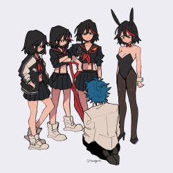 Rule 34 | 1boy, 320 (romsen), 4girls, animal ears, bad id, bad pixiv id, black footwear, black hair, black jacket, black legwear, black pants, black shirt, black skirt, blouse, blue eyes, blue hair, bow, bowtie, breasts, cleavage, closed mouth, commentary, crossed arms, detached collar, fake animal ears, frown, glaring, grey background, half-closed eyes, hands in pockets, high heels, highres, holding, holding weapon, jacket, kill la kill, pantyhose under shorts, leotard, letterman jacket, looking at another, matoi ryuuko, medium breasts, midriff, mikisugi aikurou, multicolored hair, multiple girls, multiple persona, navel, neckerchief, no legwear, open clothes, open jacket, pants, pantyhose, playboy bunny, pleated skirt, rabbit ears, rabbit tail, red hair, red neckwear, school uniform, scissor blade (kill la kill), seiza, senketsu, serafuku, shirt, shoes, short hair, shorts, simple background, sitting, skirt, sleeves rolled up, standing, strapless, strapless leotard, streaked hair, suspenders, tail, twitter username, two-tone hair, v-shaped eyebrows, weapon, white footwear, white shirt