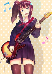 Rule 34 | 1girl, bad id, bad pixiv id, bass guitar, beamed quavers, brown hair, electric guitar, guitar, instrument, music, musical note, noririn, original, playing instrument, purple eyes, quaver, short hair, side ponytail, solo