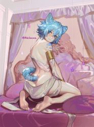 Rule 34 | 1boy, animal ears, anus, archon eclipse, ass, bare shoulders, barefoot, bed, bedroom, blue eyes, blue hair, blush, commission, feet, from behind, gold, highres, indie virtual youtuber, kneeling, legs, leopard boy, leopard tail, light smile, looking at viewer, looking back, male focus, pillow, samsara (shuukeura), smile, soles, solo, tail, testicles, toes, trap, twitter username, virtual youtuber