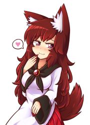 Rule 34 | 1girl, animal ear fluff, animal ears, blush, breasts, brooch, brown hair, collarbone, dress, fingernails, heart, heart-shaped pupils, highres, imaizumi kagerou, jewelry, long fingernails, long sleeves, nail polish, red eyes, red nails, saliva, simple background, solo, speech bubble, spoken heart, symbol-shaped pupils, tail, touhou, white background, wolf ears, wolf tail, wool (miwol)